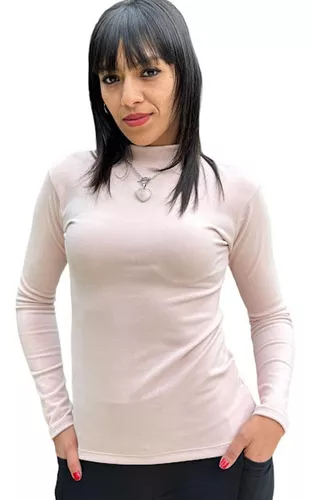 Camiseta cuello alto manga larga color crudo mujer