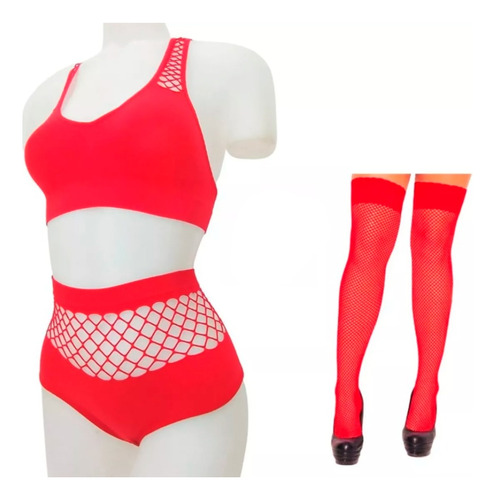 Conjunto De Red Sexy Corpiño Y Less + Medias Bucaneras Mujer