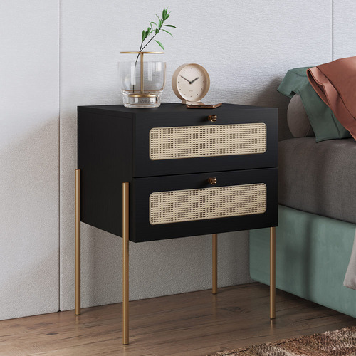 Mesa Cabeceira 2 Gaveta Telinha Industrial Indy Nero Dourado