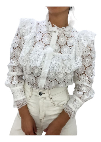 Camisa Mujer Calada Broderi Flores Blusa Fina Camisola Dama