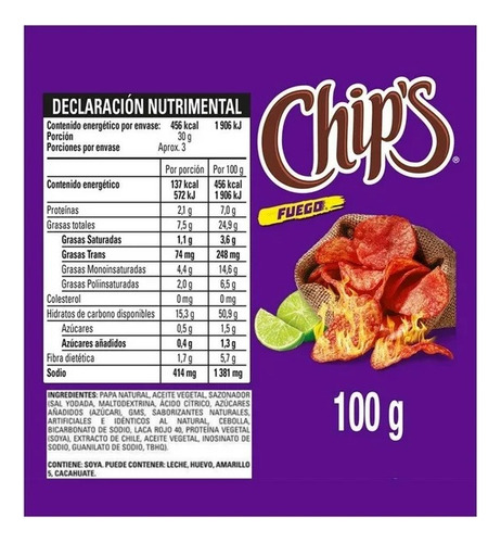 Papas Chips Fuego Chile Y Limón 100 G