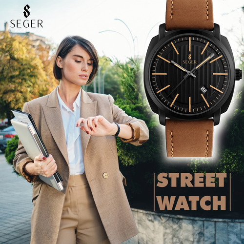 Reloj Minimalista Elegante Seger 9169 Analogico Fecha Cuero Color De La Malla Negro/azul