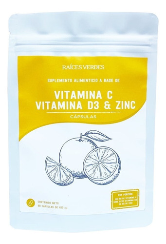 Vitamina C/vitamina D3/zinc 90 Cap De 610mg Raíces Verdes Sabor Sin Sabor