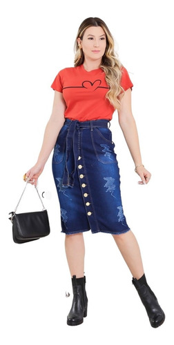 Imagem 4 de 7 de Saia Jeans Evangélica Midi C/ Recortes E Botões - Sg4001
