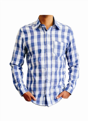 Camisa Casual Cuadro Grande Azul/blanco,corte Slim  Moderno