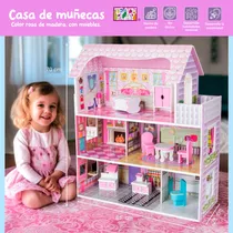 Comprar Casa De Muñecas De Madera Con Muebles Color Rosa, Casita De Juguete Para Niñas Con 9 Muebles De Madera, Ideal Para Muñecas Pequeñas, Ideal Para Regalo, Casita De Madera Para Muñecas Teach Play