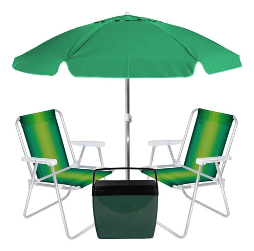 Kit Guarda Sol Verde 1,60 M+ 2 Cadeiras De Praia+ Cooler 34l
