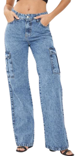 Jean Wide Leg Cargo Rígido Mujer Nevado Tiro Medio Tendencia