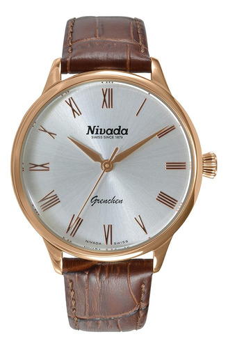 Reloj Nivada Grenchen Caballero Dorado Rosa/piel Color Café