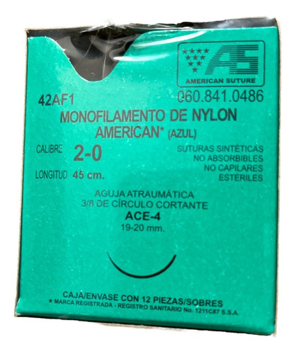 Sutura Nylon Azul 2-0 3/8 Circulo Cortante 19-20mm American