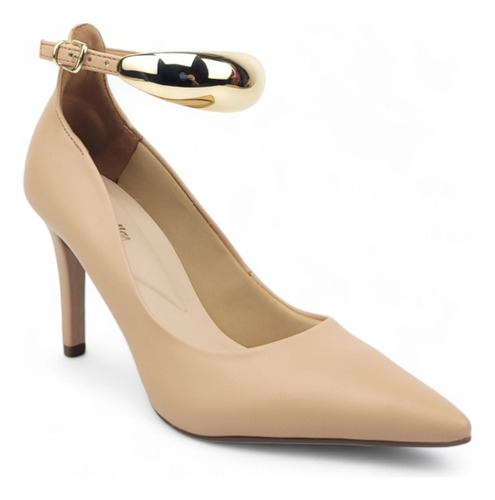 Scarpin Salto Alto Com Tira Tornozelo Dourado