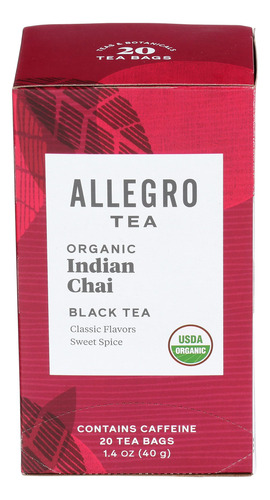 Te Allegro, Bolsas De Te Chai Indio Organico, 20 Unidades