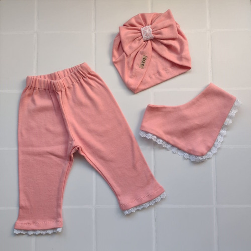 Conjunto Beba Pantalón + Bandana + Turbante 0-3 Y 3-6 Meses Rosa Viejo 3-6 Meses