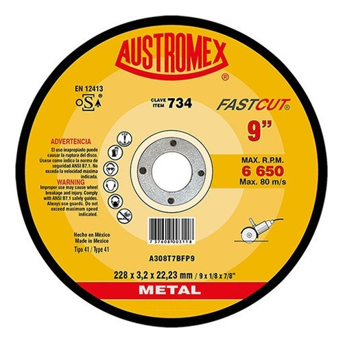 Disco Abrasivo Corte 734 Austromex 9'' Grano 30 Metal Acero