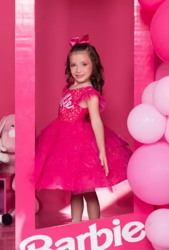 Vestido Infantil Princesa Barbie Com Laço e Glitter - Rosa