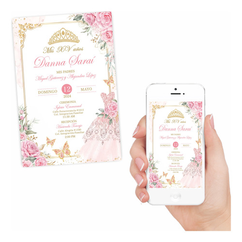 Invitación Digital Xv Años Rosa Dorado Floral | Mod 1