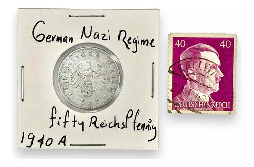Estampilla Hitler + Moneda 50 Pfennig 1940 A Alemán Swastika