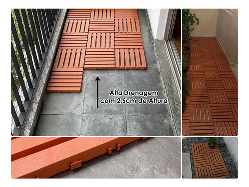Kit 17 Deck Madeira Plástico Encaixe Modular Varanda Marrom-claro