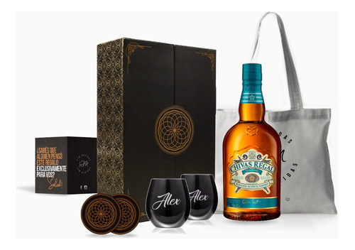 Box Whisky Chivas Regal Mizunara Vasos Negros Grabados