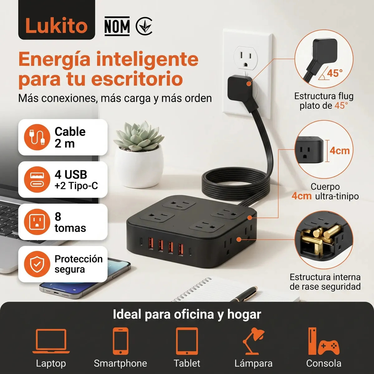 Multicontacto Escritorio 14 en 1 con Protección de Sobrecarga y Cable de 2 m