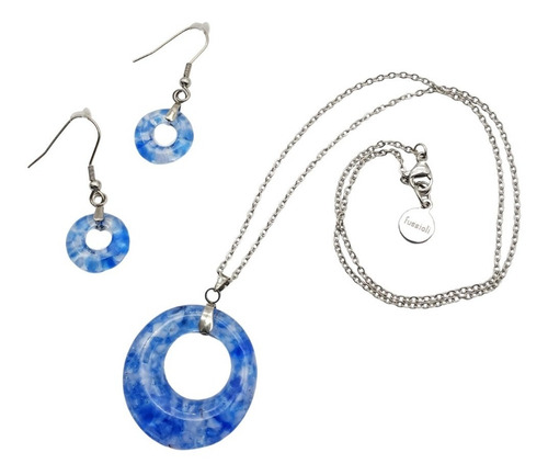 Set Collar Y Aretes Aura Con Dona De Vidrio Cadena De Acero