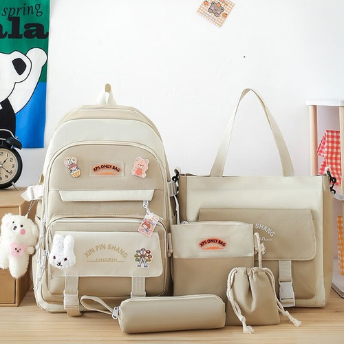 Mochila Bolso Kawaii Set 5 Piezas Importado Beige Liso