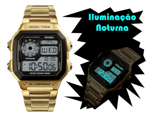 Relógio Masculino Skmei 1335 Dig Resis Água Dourado Casual