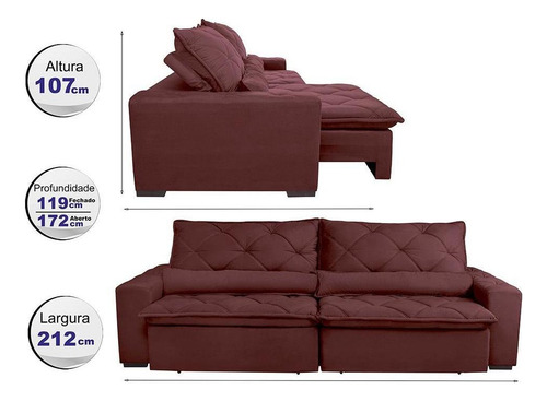 Sofá Lisboa 2,12m Retrátil, Reclinável com Molas no Assento Tecido Suede Velusoft Vinho - Cama InBox