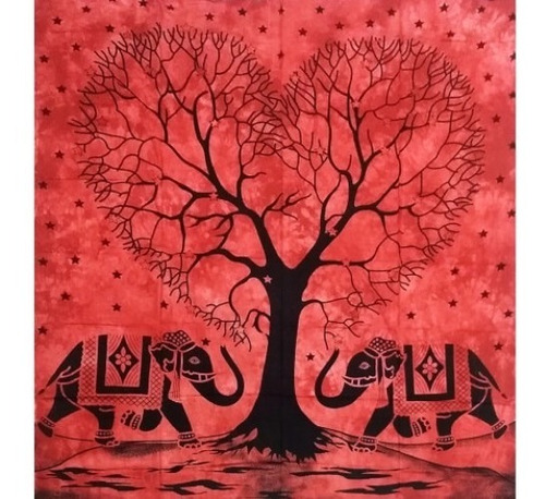 Manta Colcha Casal Árvore Da Vida Coração Elefantes Vermelha