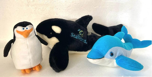 3 Peluches: Delfín, Ballena, Pingúino 