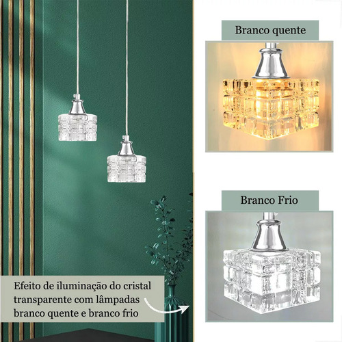 Kit 2 Pendente Cristal Metal Prata Polido Banheiro Bet43 + Led