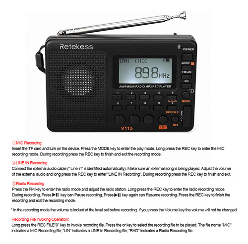 Radio Set V-115 Con Grabadora Multibanda Retekess Para Sonid