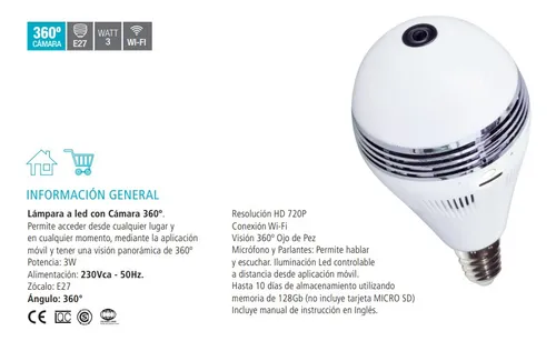 Cámara De Seguridad Lampara Led Smart Camara 360º Wifi 3wts