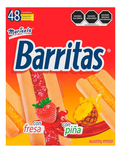 Caja De Barritas De Fresa Y Piña 48 Pzas De 55 G Marinela