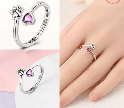 Anillo Mujer Ajustable De Plata, Huella De Perro, Corazón Plateado Ajustable