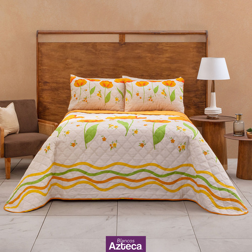 Edredón Estampado Matrimonial Con 2 Fundas Blancos Azteca Diseño De La Tela Amarillo /beige