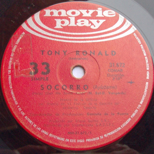 Tony Ronald - Socorro / Había Una Vez _ Vinilo Simple 1971