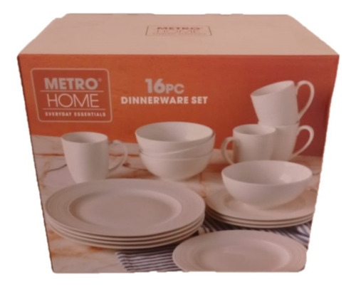 Vajilla De Porcelana 16 Piezas Metro Home Everyday Essential Color Blanco
