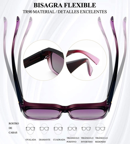 Joopin M8511 lentes de sol sobrepuestos hombre mujer polarizados uv cuadrados de moda grandes diseño clásico púrpura profundo púrpura violeta degradado