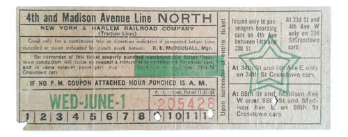 L1 - Boleto Ticket Del Tramway De New York Circa 1925