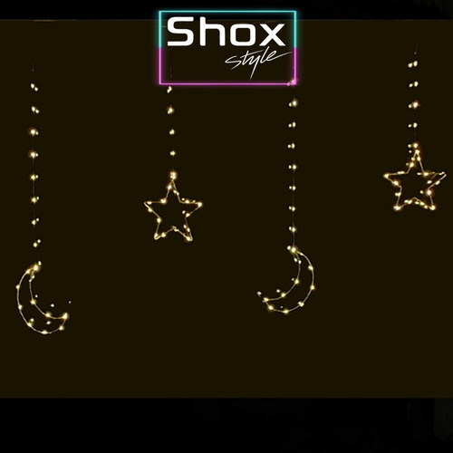 Imagen 7 de 10 de Cortina Luces Led Estrella Luna Alambre Enchufe 220 Cálido