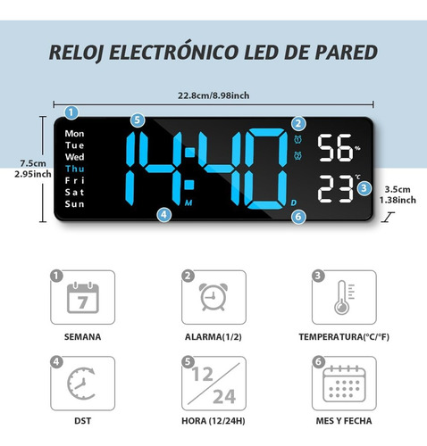 Reloj De Pared Digital Con Termómetro, Alarmas Y Calendario