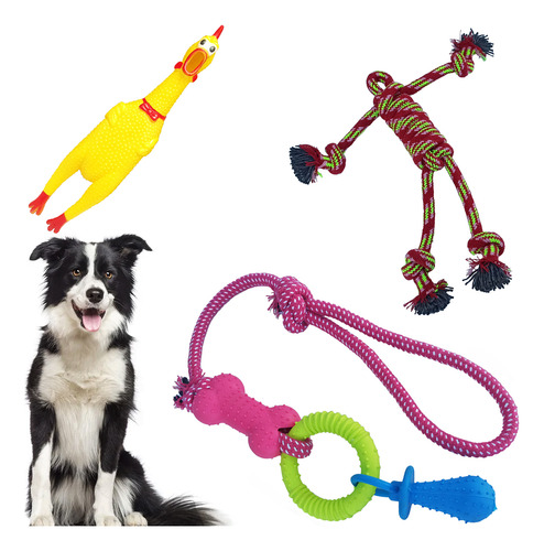 3 Brinquedos Para Cachorros Frango Boneco E Corda Com Guizo