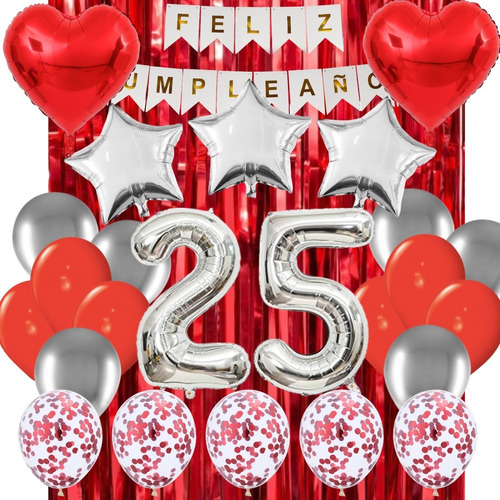 Combo Globos Kit Fiesta Cumple Deco Rojo Plata