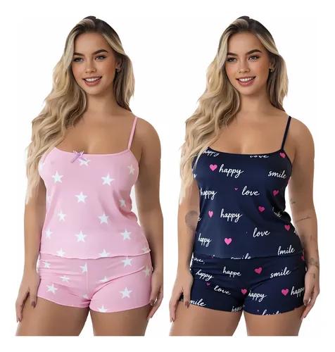 Kit 4 Peças Pijama Feminino Baby Doll 2 Shorts + 2 Blusas