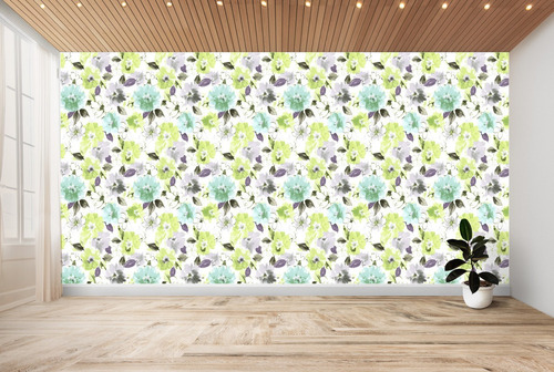 Imagen 2 de 3 de Papel Tapiz Flores Amarillas Y Verdes Estilo Vintage