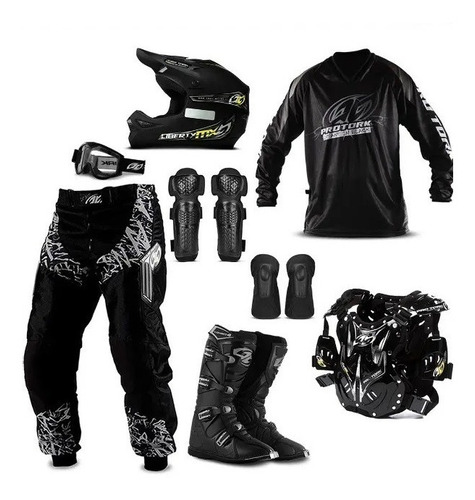 Kit Conjunto Equipamento Roupa Piloto Black Motocross Trilha