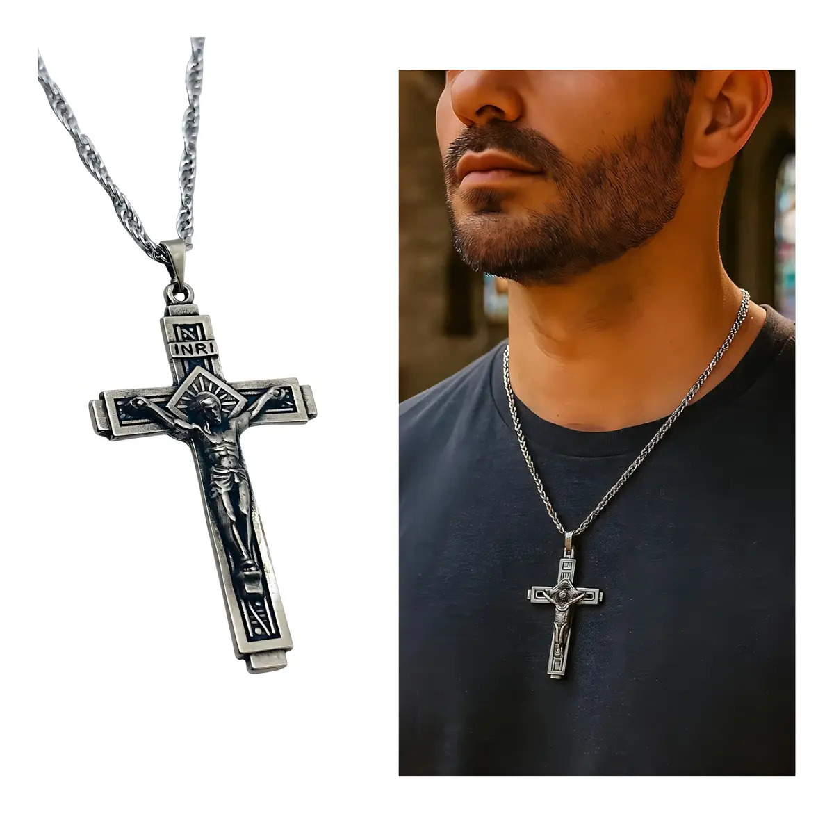 Corrente Masculina Aço Inox Crucifixo Cristo 39cm Prata