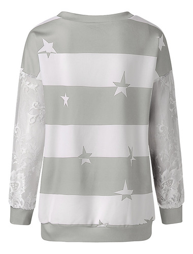 Blusas A Rayas Con Cuello Redondo Y Mangas De Encaje Con Est
