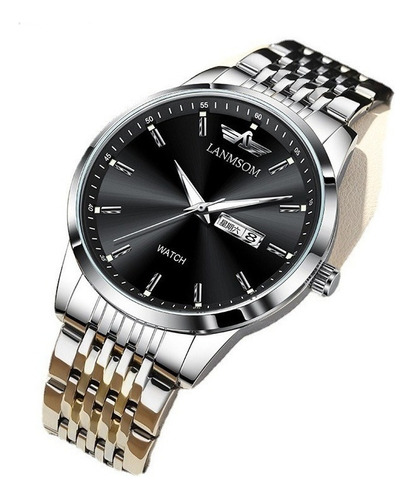 Lanmsom Fashion Luxury Relógio Calendário De Quartzo Cor Do Fundo Silver Black